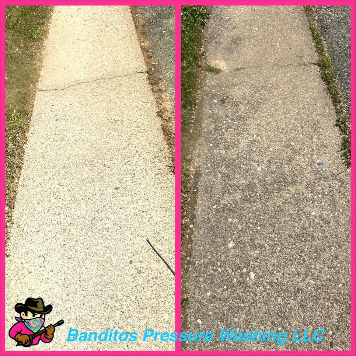 Side-by-side sidewalk cleaning results: before and after, with bright pink border and Banditos Pressure Washing LLC logo.