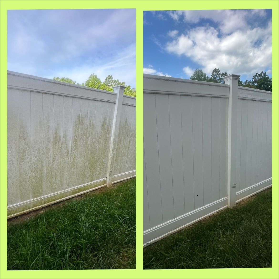 Side-by-side fence panels: left stained green, right cleaned white under a cloudy sky.