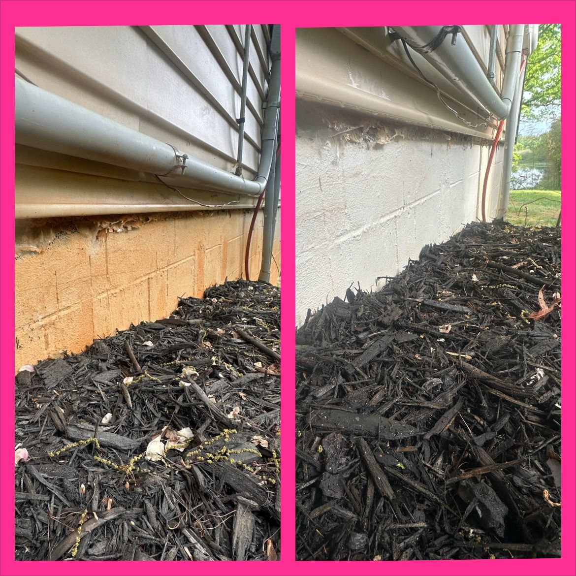 Side-by-side close-up of house siding with black mulch piled against the foundation and exposed trim.