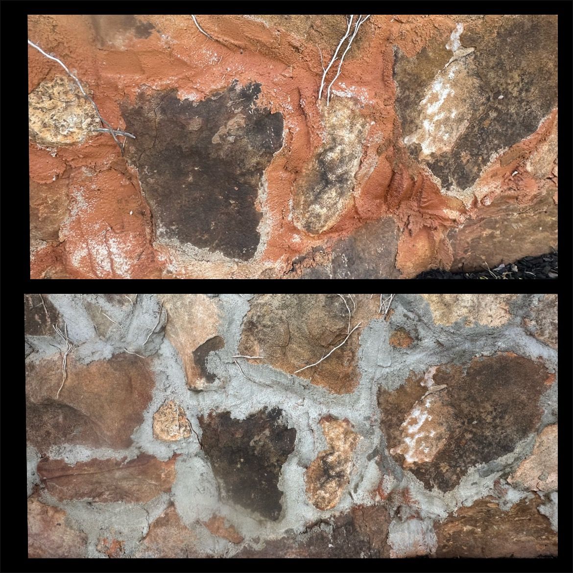 Two close-up rock surfaces with reddish, gray, and dark brown mineral patches