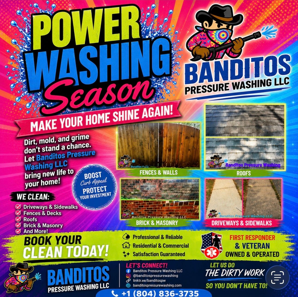 Colorful Banditos Pressure Washing LLC ad with power washing services, before/after photos, and bold “Power Washing Season” text