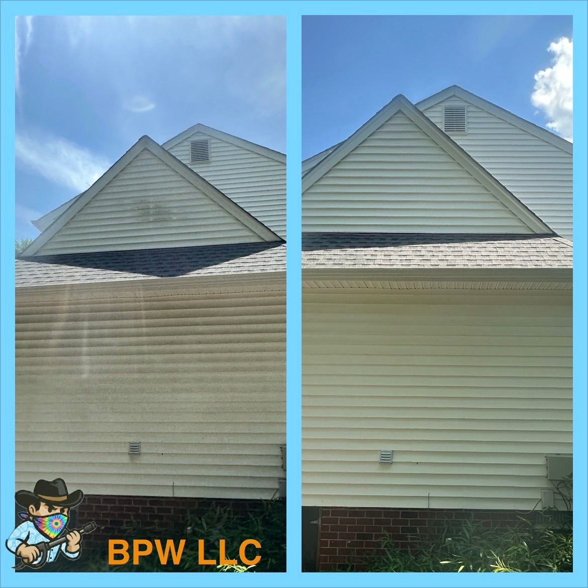 Before-and-after view of a house's vinyl siding and roof trim under a blue sky, showing a cleaner exterior on the right
