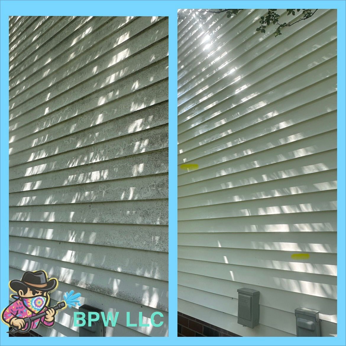 Two views of a white house’s vinyl siding, with sunlight casting diagonal shadows.