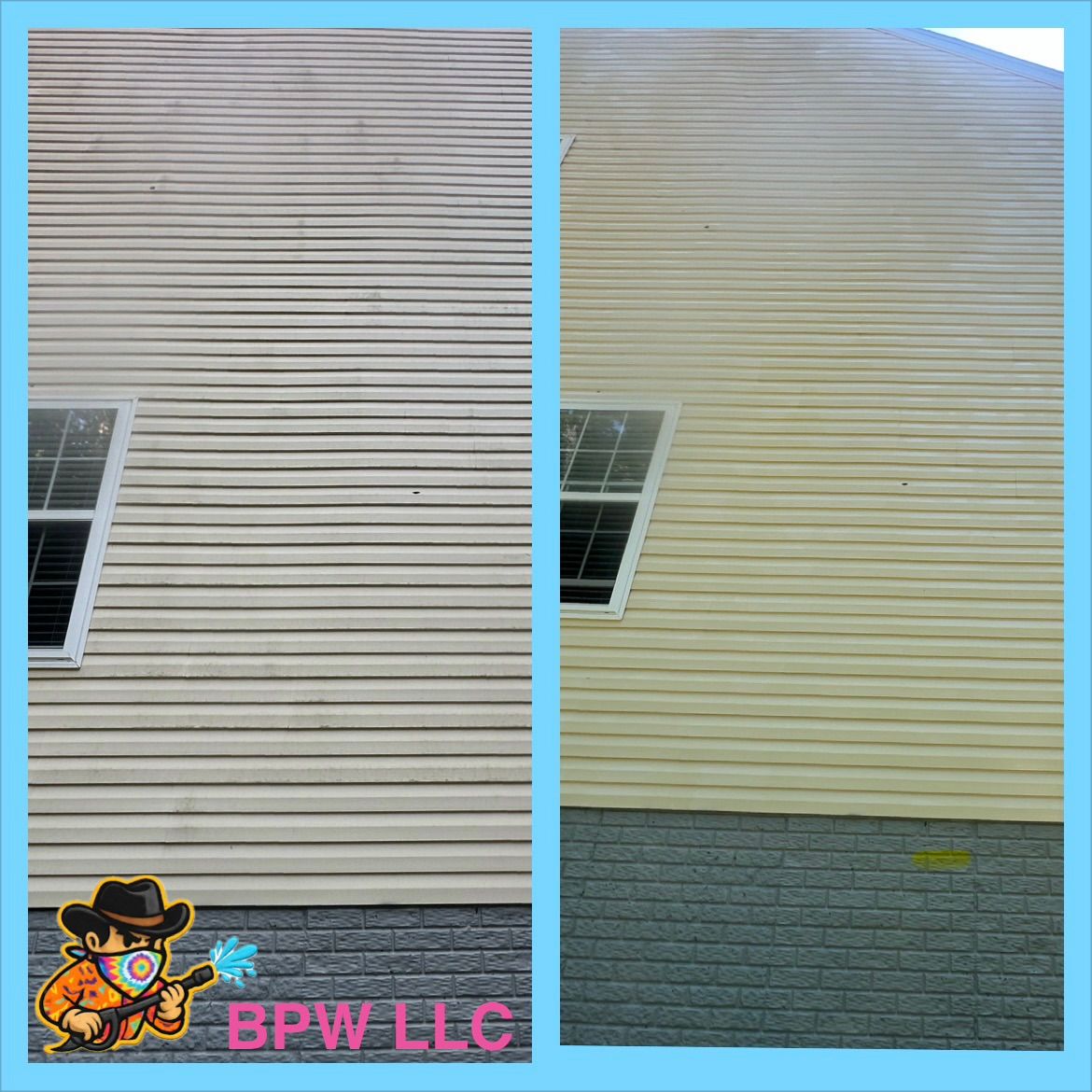 Side-by-side view of a house exterior before and after cleaning, showing beige siding and a lower gray section.