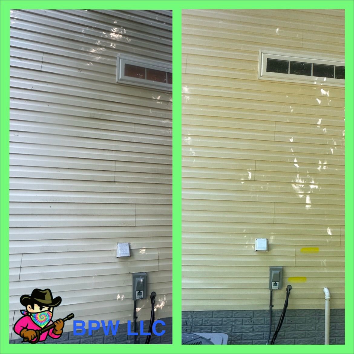 Side-by-side exterior wall comparison: beige siding before and after cleaning, with window, outlet, and hose visible.