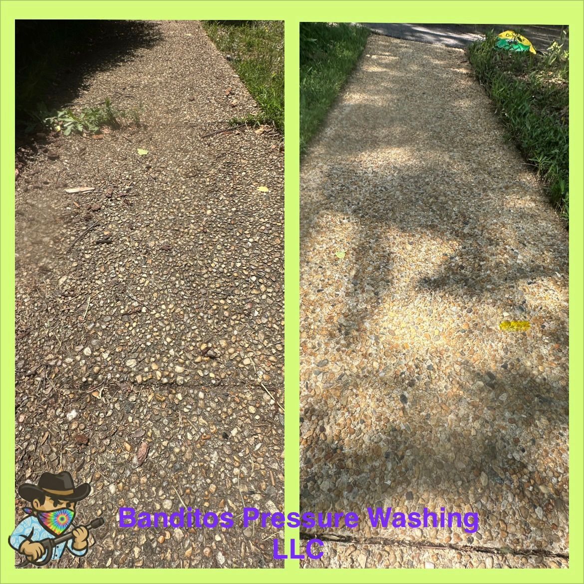 Side-by-side view of a gravel path before and after pressure washing, showing cleaner concrete on the right.