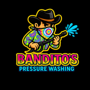 BANDITOS Pressure Washing logo with a masked cowboy spraying water in bright neon colors