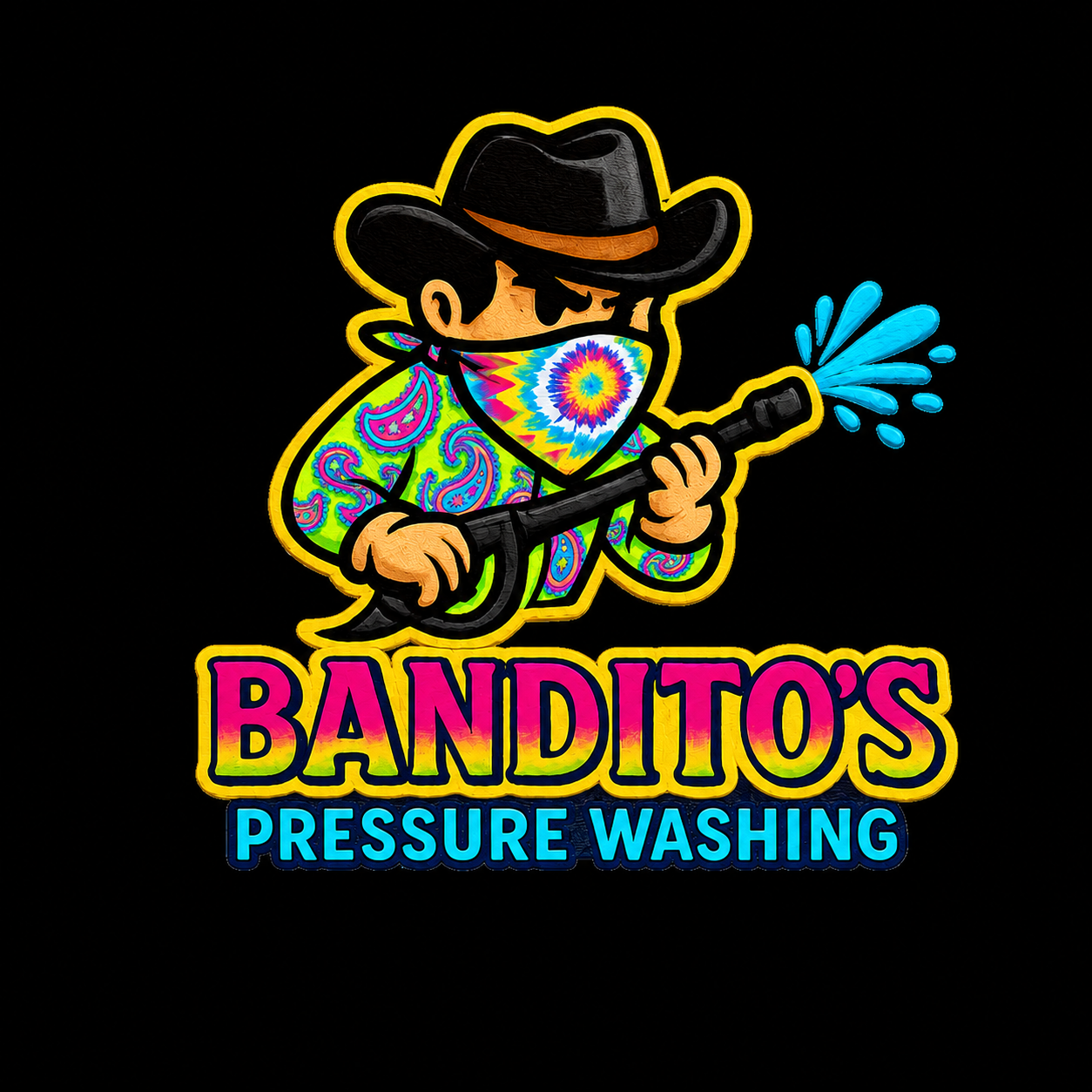 BANDITOS Pressure Washing logo with a masked cowboy spraying water in bright neon colors
