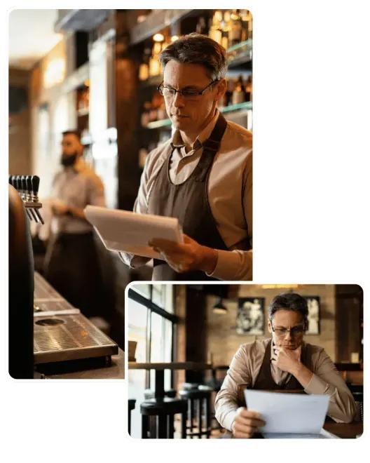 Barista reading paperwork in a café, with a second view of him reviewing documents at a table