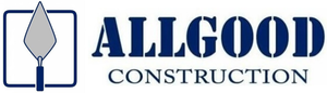 Logo for Allgood Construction, blue text, trowel icon inside a blue square.