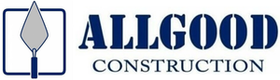 Logo for Allgood Construction, blue text, trowel icon inside a blue square.