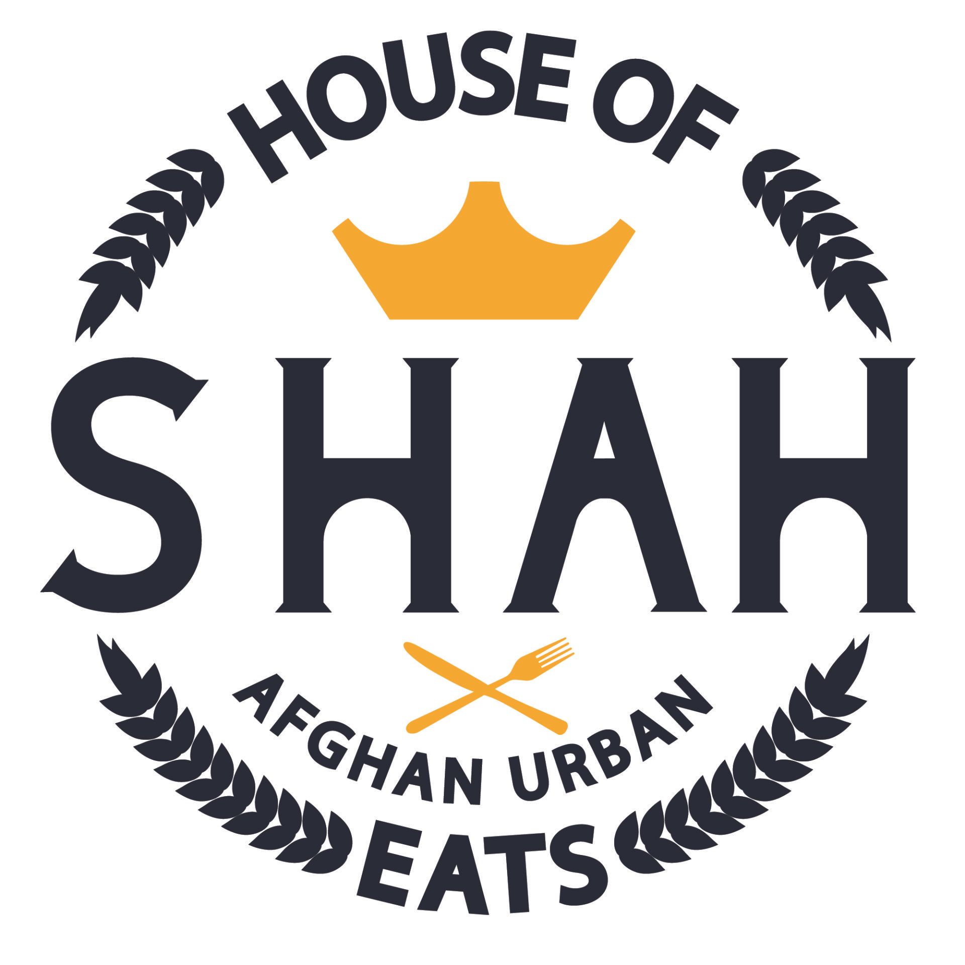 Logo: House of Shah Afghan Urban Eats, featuring a crown, wheat sprigs, and crossed fork/knife.