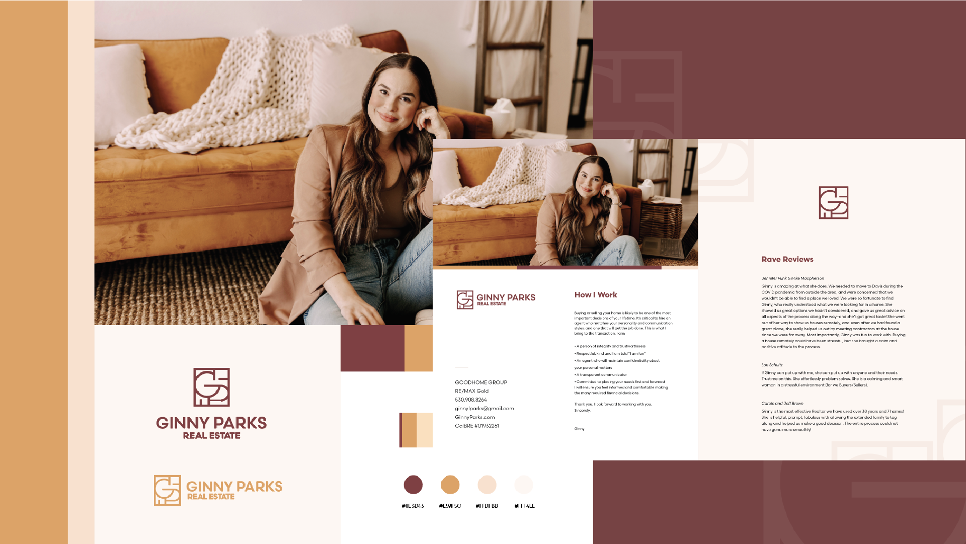 Woman sitting on a sofa, brand identity design. Earth tone palette, logo with flower. Stationary and color palette displayed.