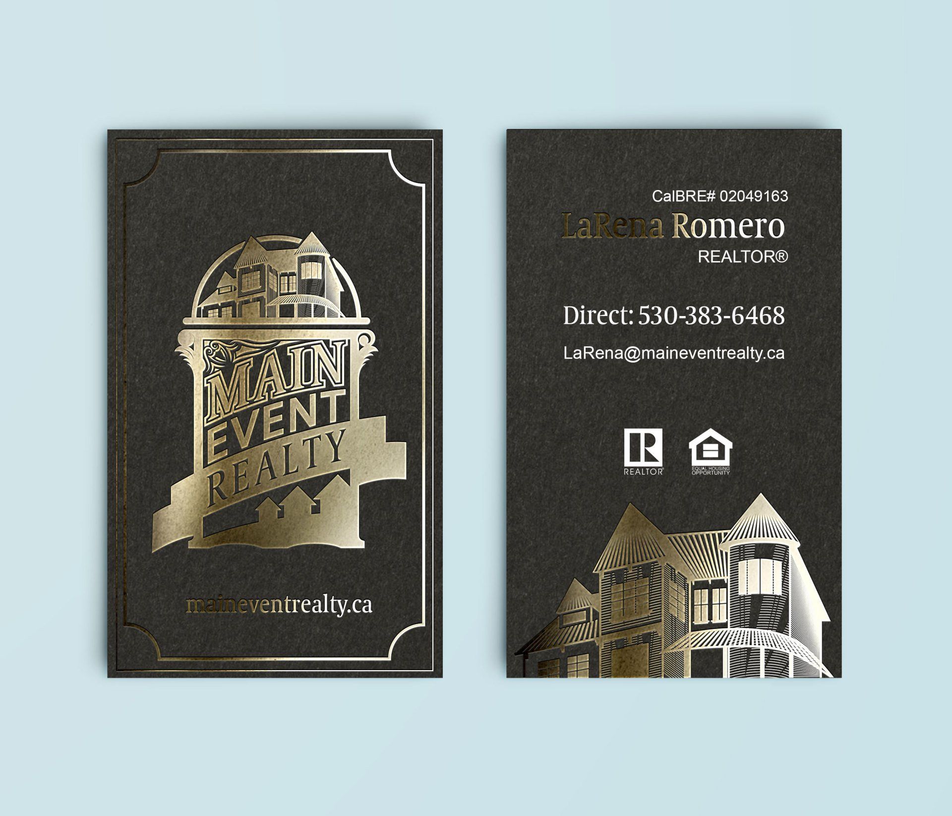Two gold and black business cards: Realtor with a building logo.