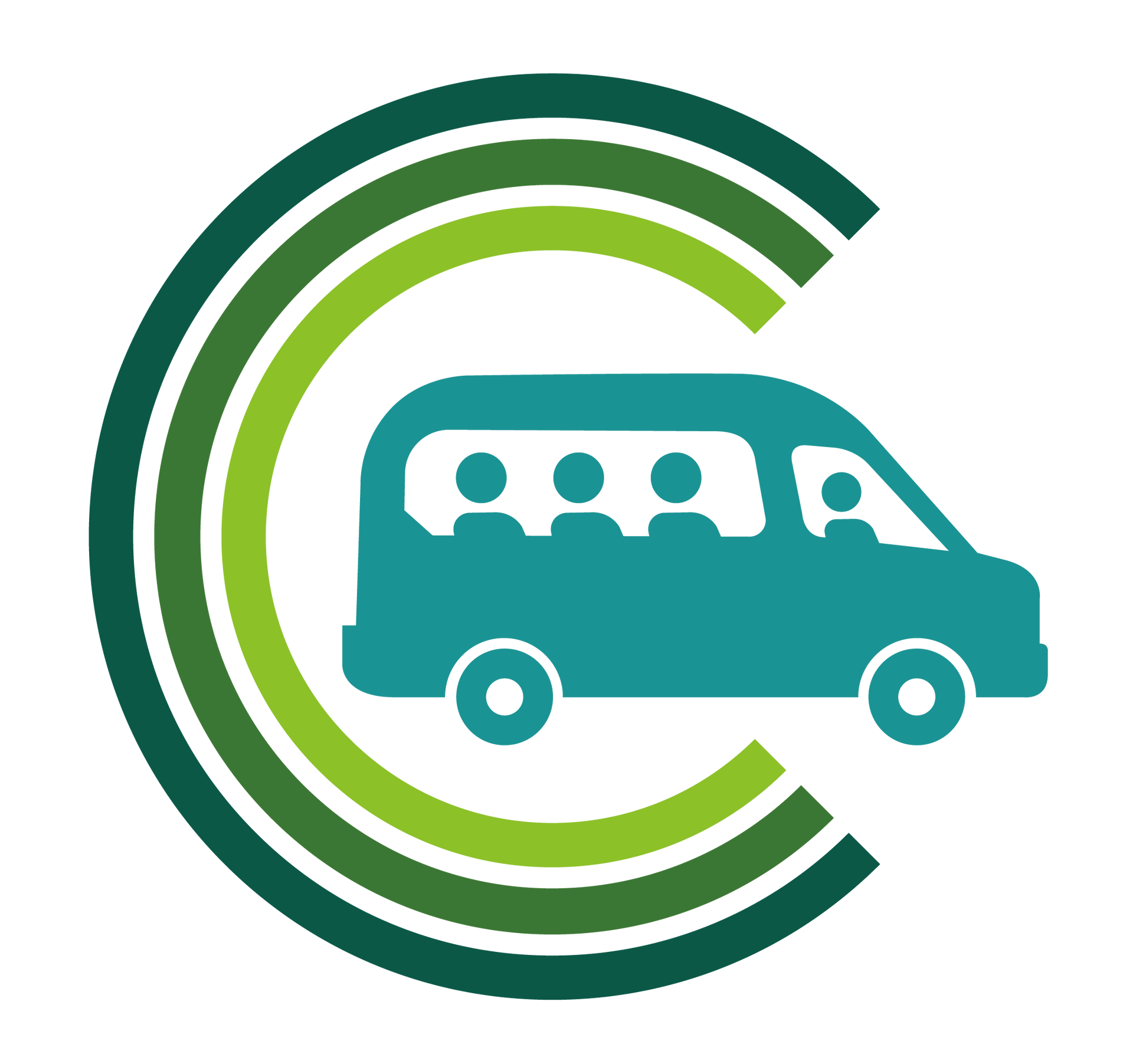 Teal shuttle van inside a green circular “C” logo with three passengers visible in windows