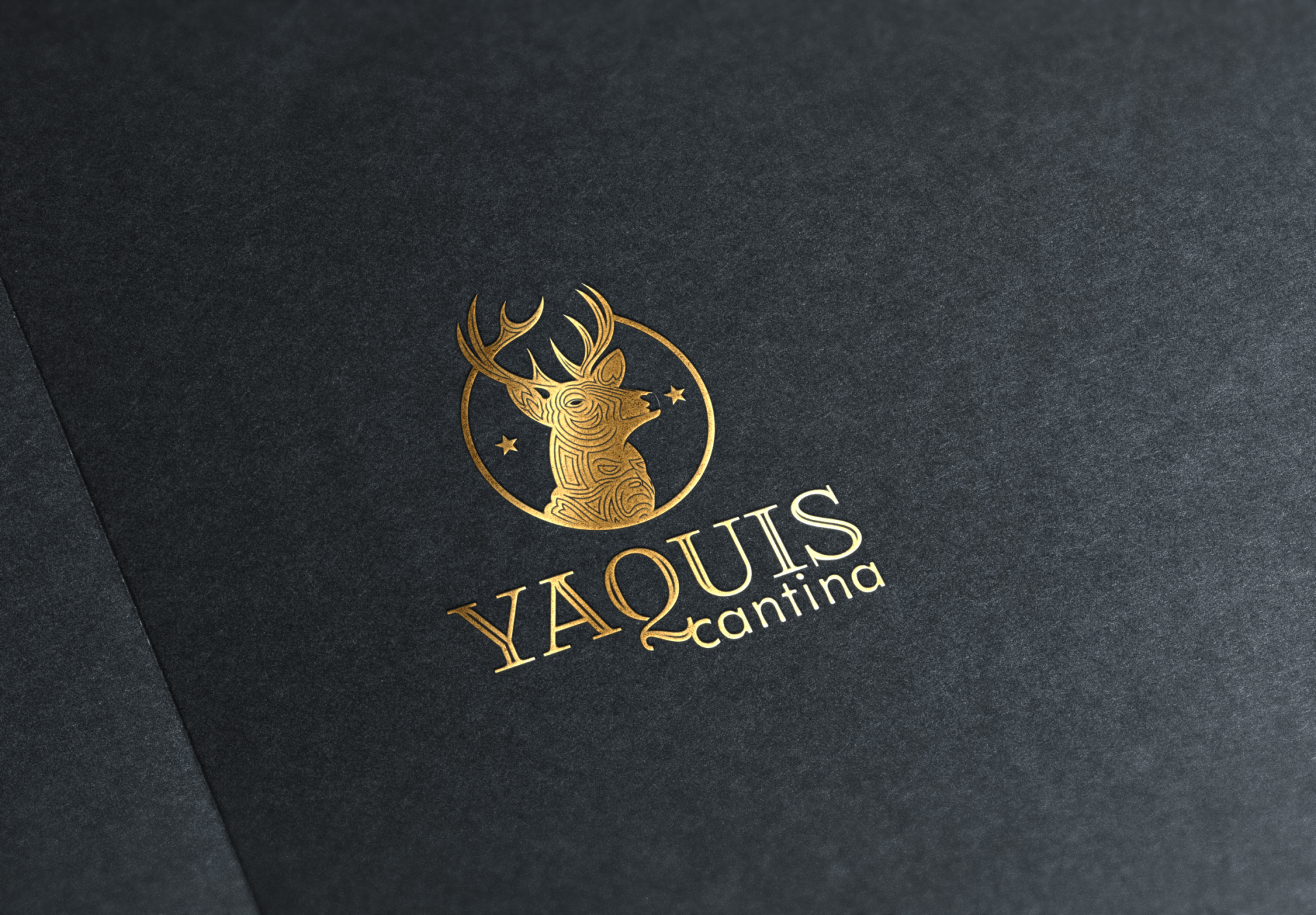 Gold logo on a dark surface: stylized deer head within a circle, 