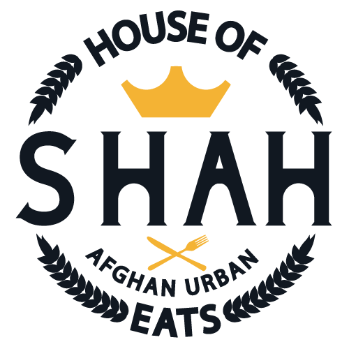 House of Shah Afghan Urban Eats logo with gold crown and black laurel wreaths
