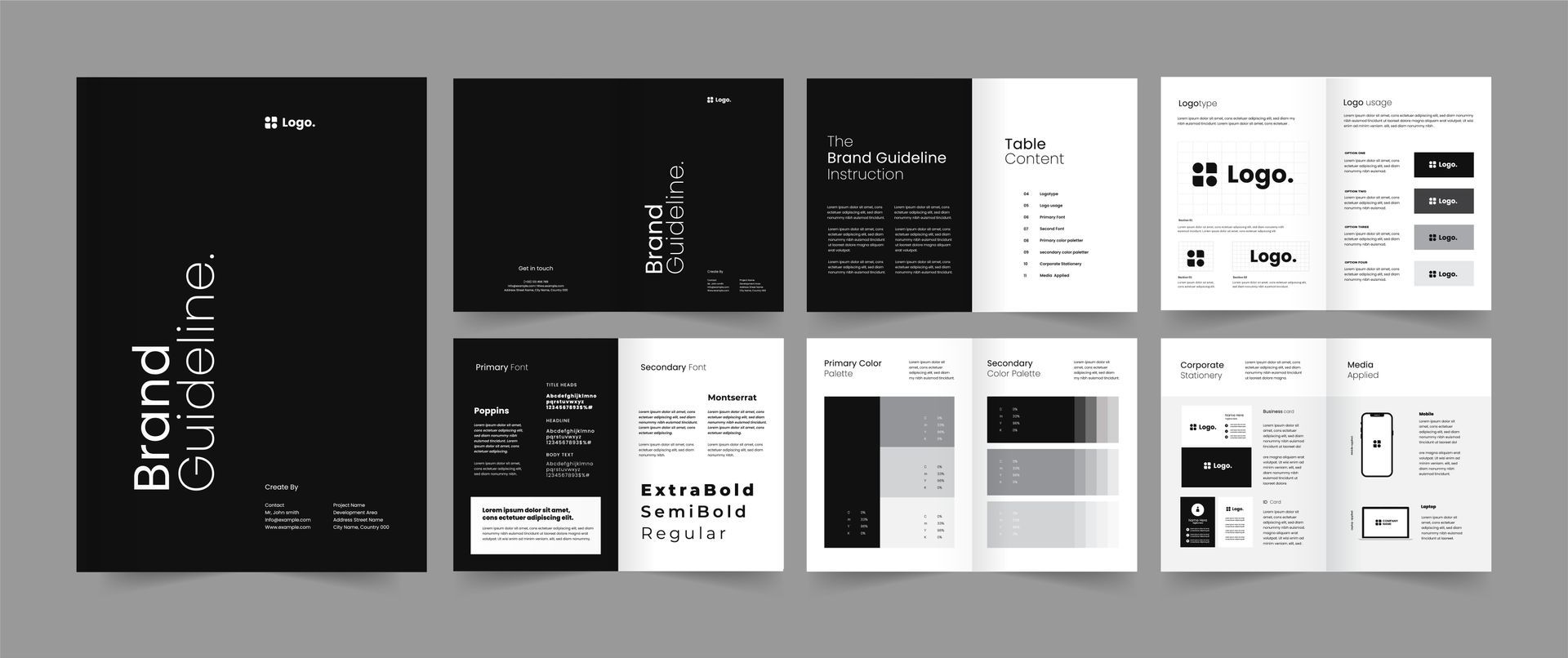 Brand guidelines brochure, black and white design, showcasing logo, colors, and typography.