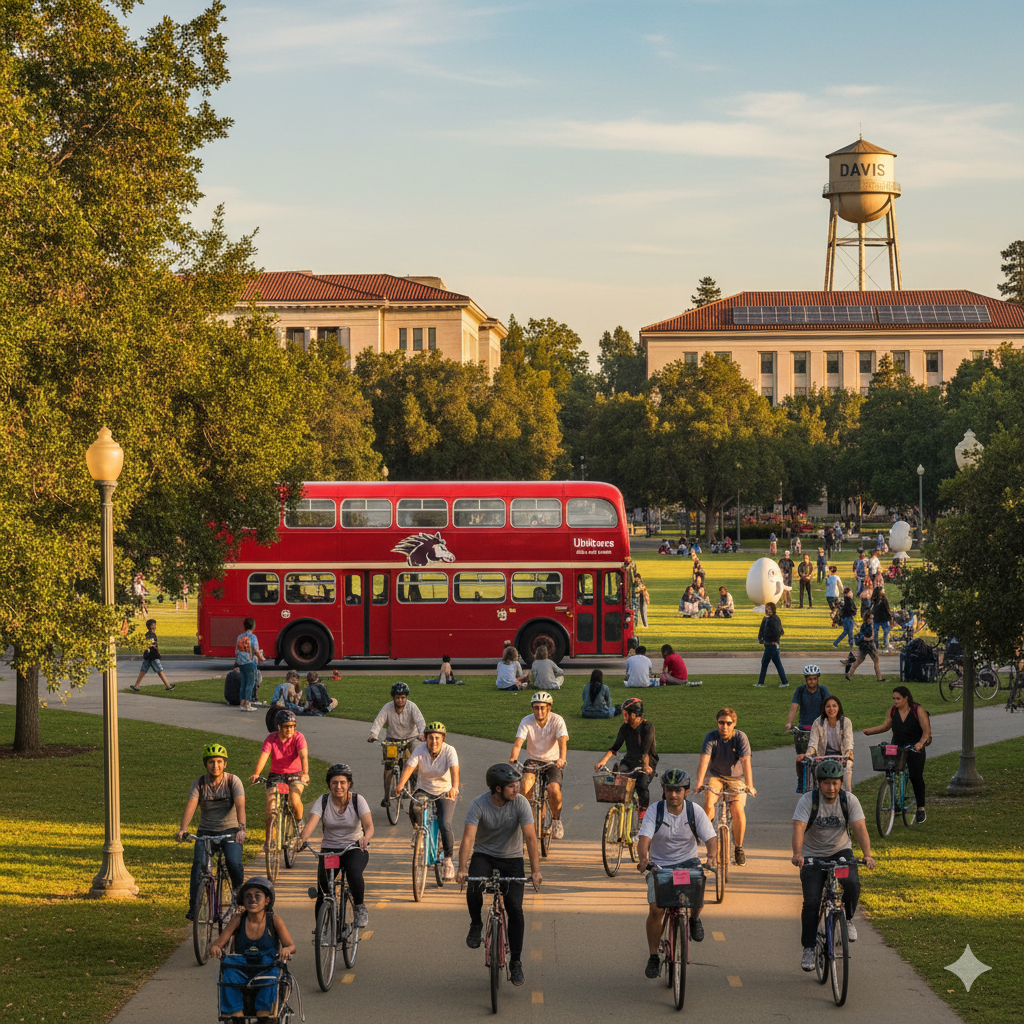 Cyclists ride towards a red double-decker bus on a path in a park. Trees and buildings frame the scene.