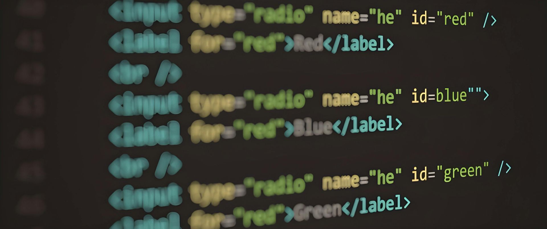 Code snippet with HTML radio buttons for red, blue, and green color selection on a dark background.