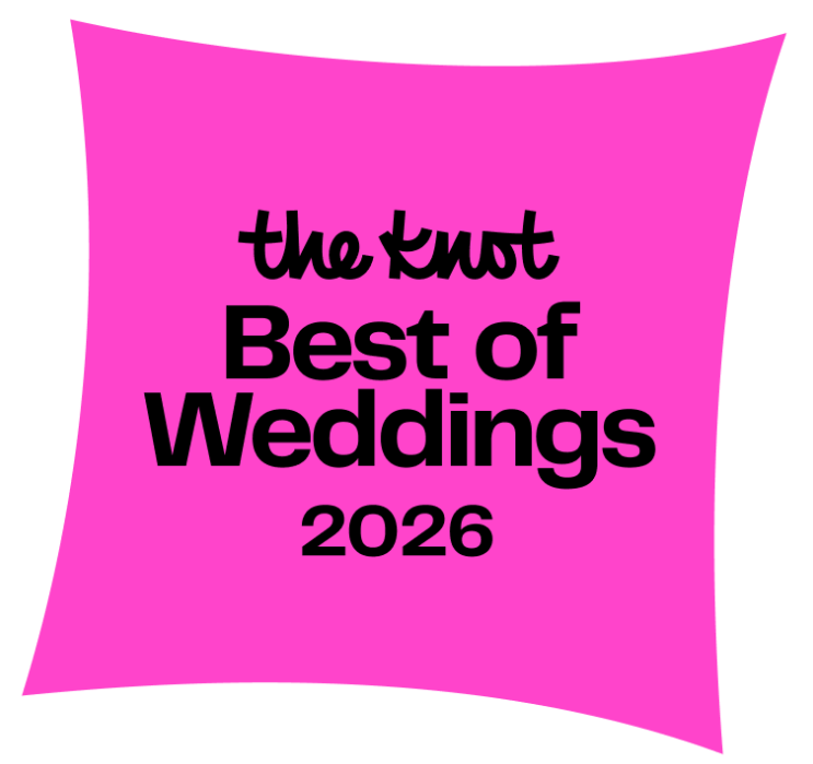 Pink square badge reading “the knot Best of Weddings 2026” in black text