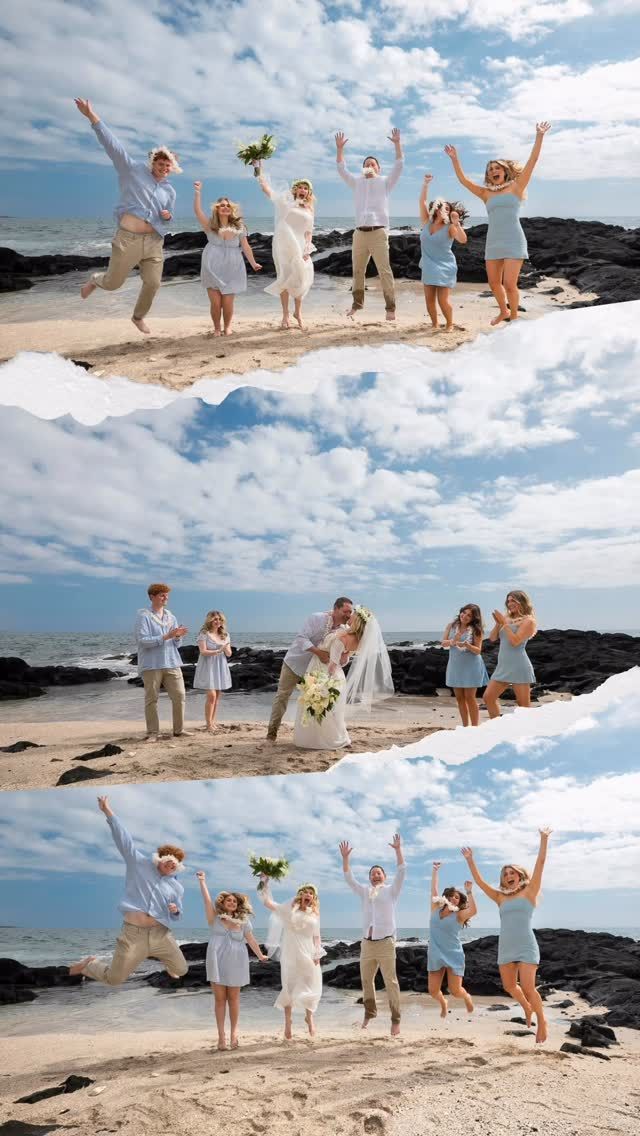 Friends celebrating on a rocky beach, jumping and cheering under a bright blue sky.