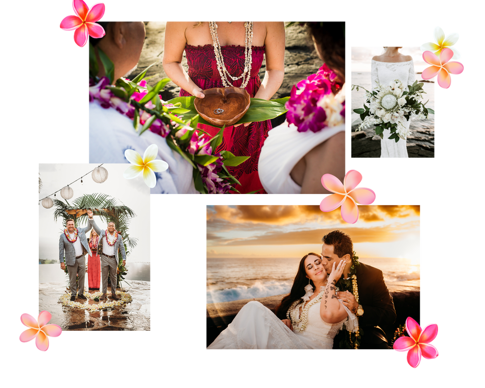 Collage of Hawaiian wedding photos: ceremony, couple with floral leis, tropical setting, sunset.