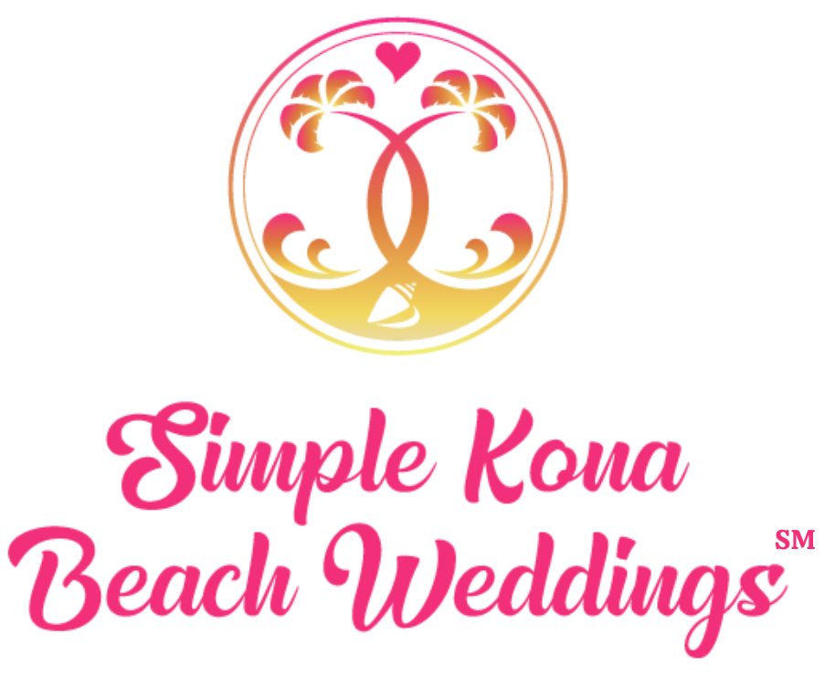 Simple Kona Beach Weddings Logo for Simple Kona Beach Weddings, pink script, with a central floral design, in a pink/yellow oval.