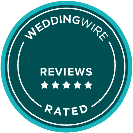 WeddingWire Reviews Rated badge with five stars. Teal, white.