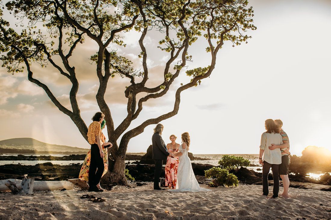 Wedding ceremony by Simple Kona Beach Weddings under a tree at sunset. Couple holding hands, officiant in black.