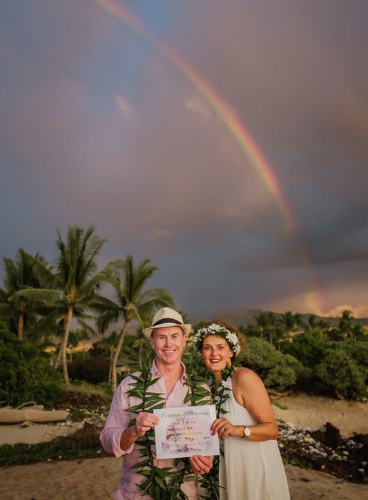 Simple Kona Beach Wedding Couple holding hands at a wedding ceremony in Kailua-Kona, HI. 