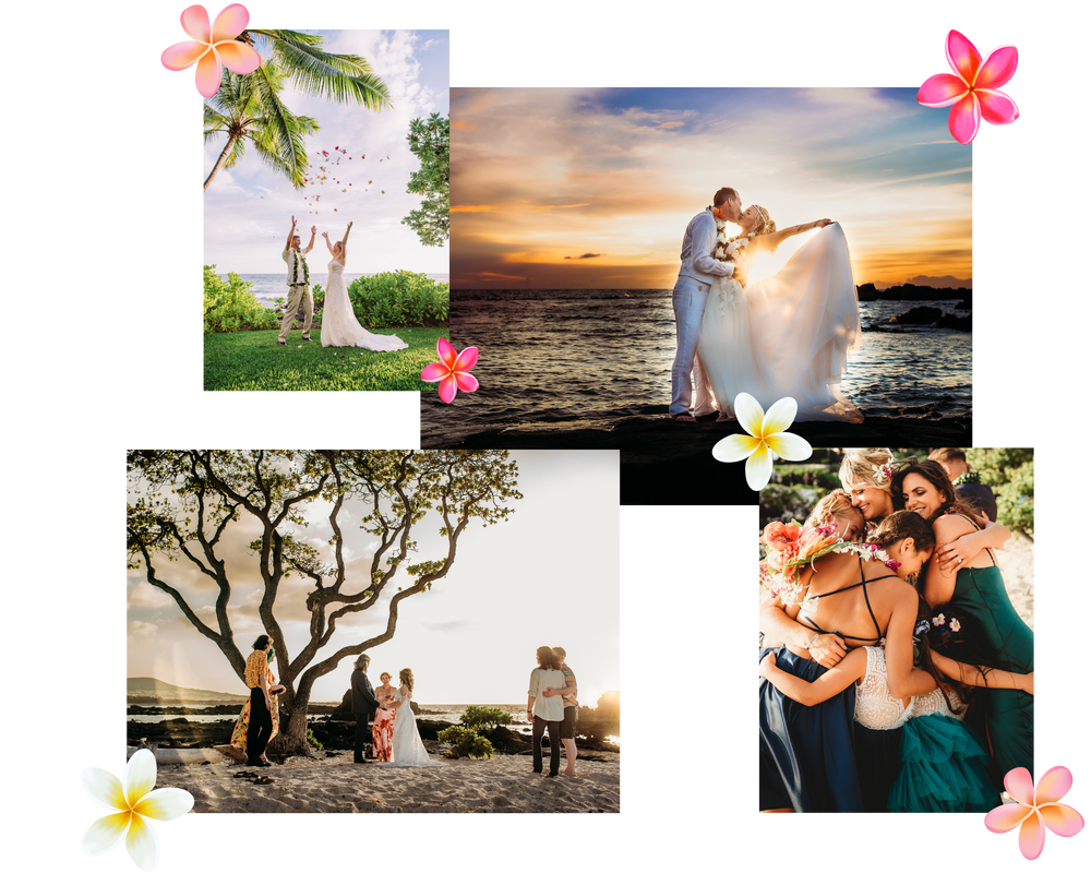 Collage of tropical wedding photos: couple throwing confetti, kissing at sunset, hugging friends, ceremony under tree.