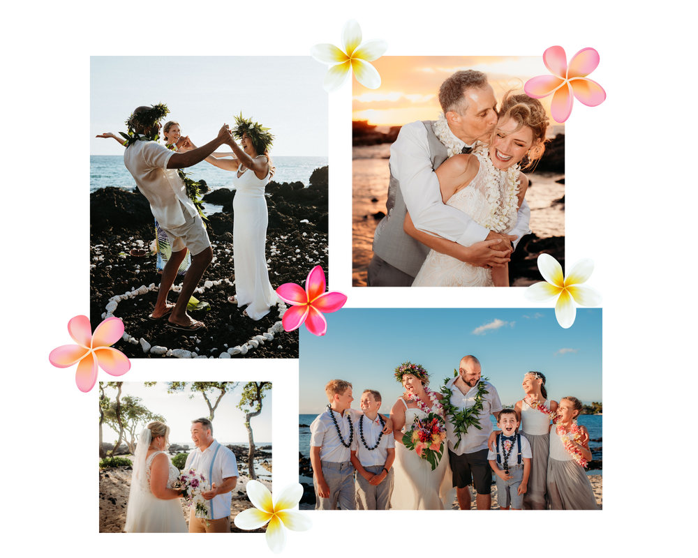 Wedding photos collage with couples and a family posing by the ocean with plumeria flowers.