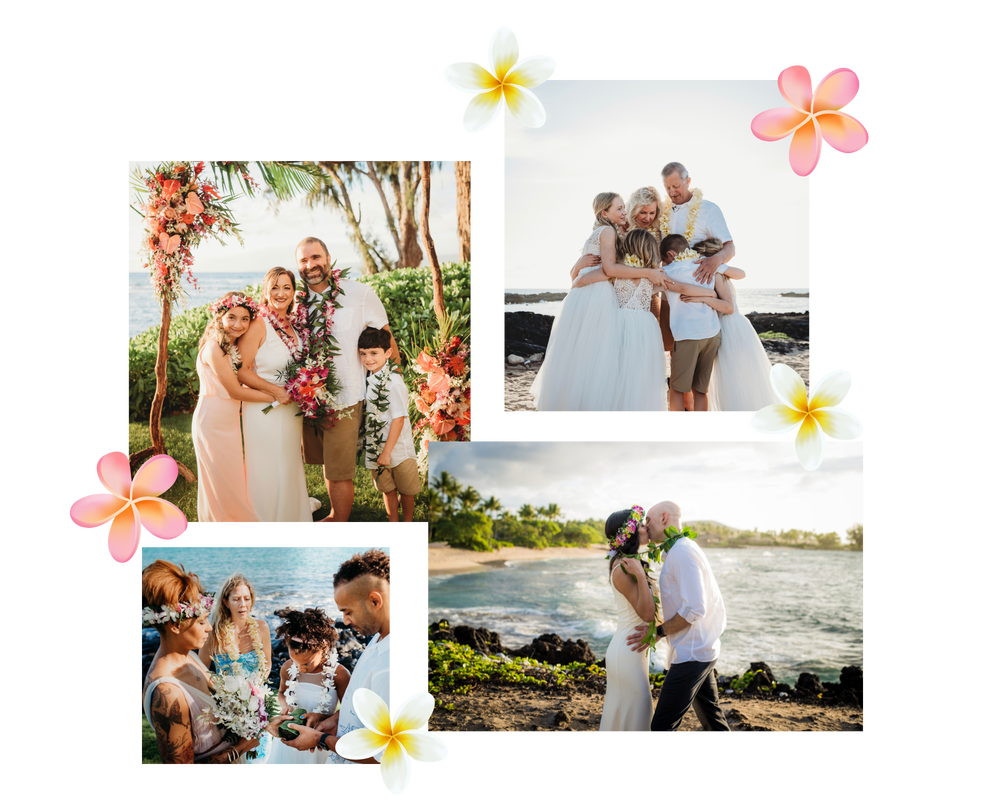 Wedding photos by Simple Kona Beach Weddings with a couple, children, and flowers on a beach.