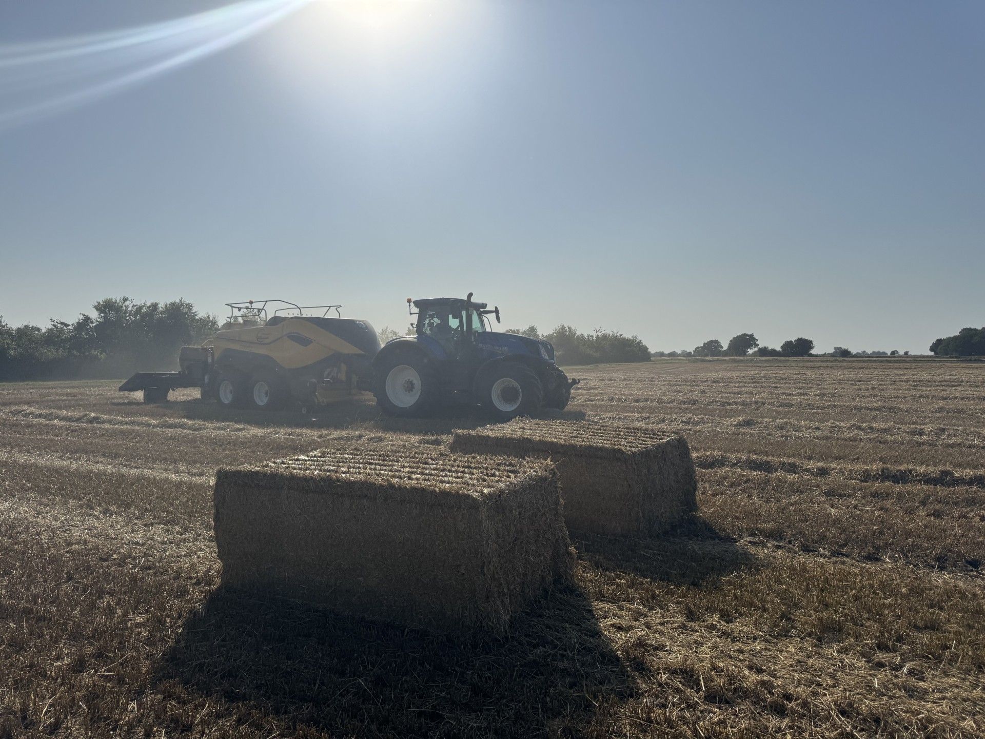 Traktor og trailer transporterer høballer hen over en solbeskinnet høstet mark under en klar himmel