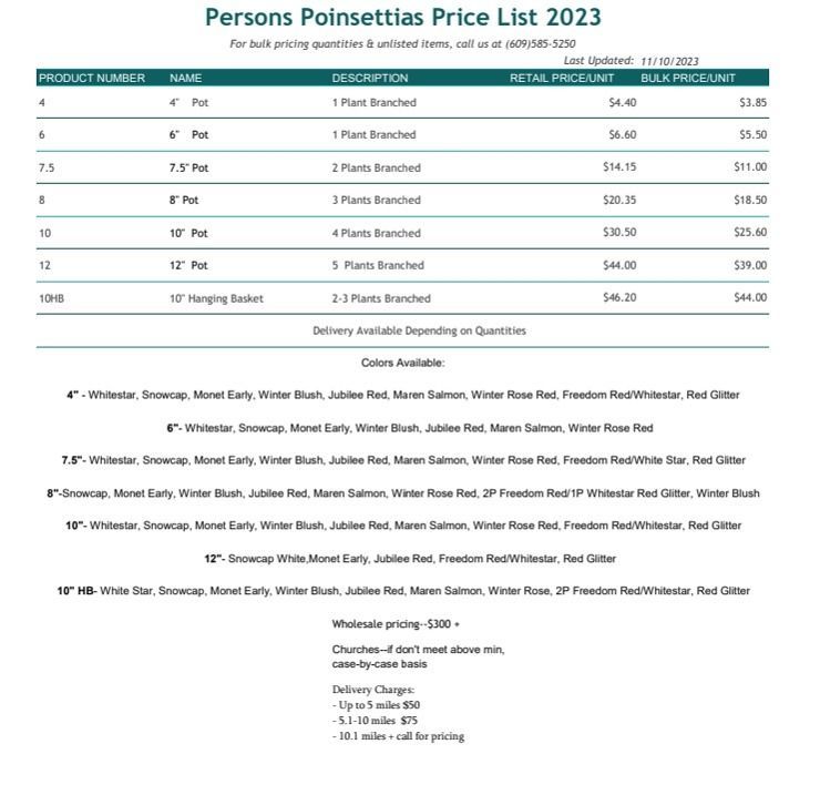 Persons Pointsnetts Price List 2023 table with teal headers and package prices for services and add-ons