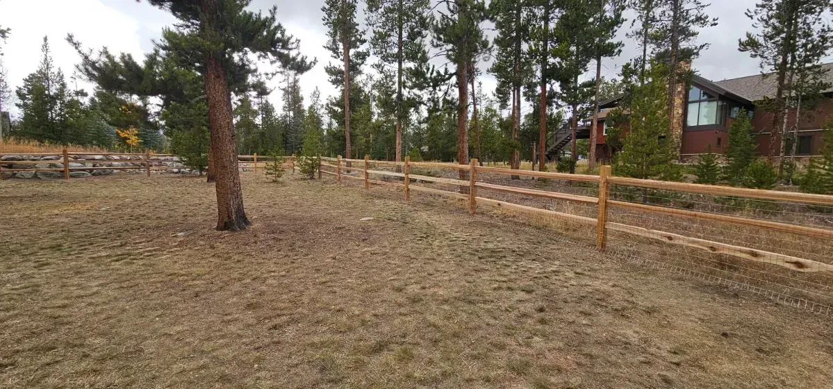 Wooded yard with a split-rail fence, pine trees, and a cabin in the background