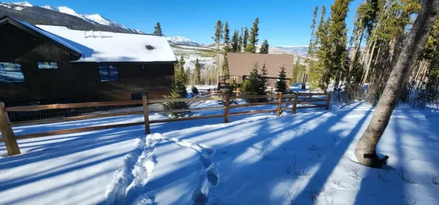 Snow-covered lodge and pine trees casting long shadows in bright sunlight