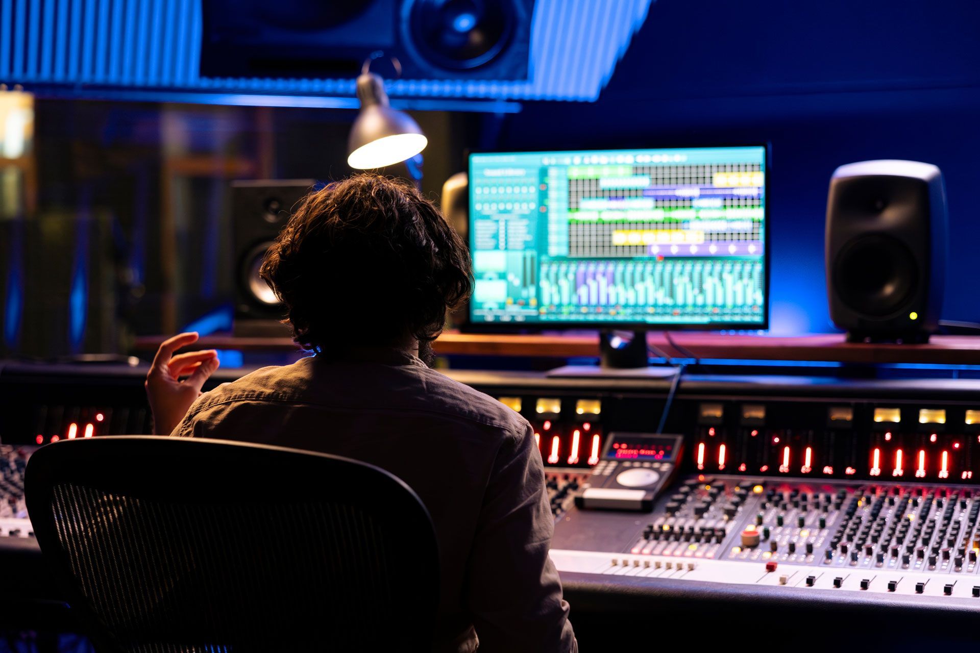 A person sits at a large mixing console in a recording studio, facing a computer screen displaying audio software.