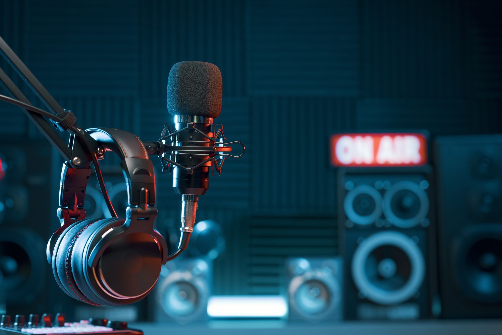 Microphone and headphones in a recording studio, 