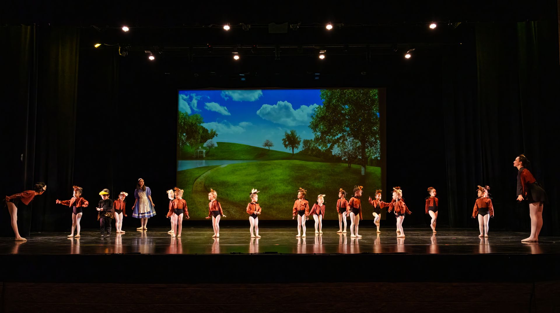 Ballet dancers lined up onstage before a painted countryside backdrop