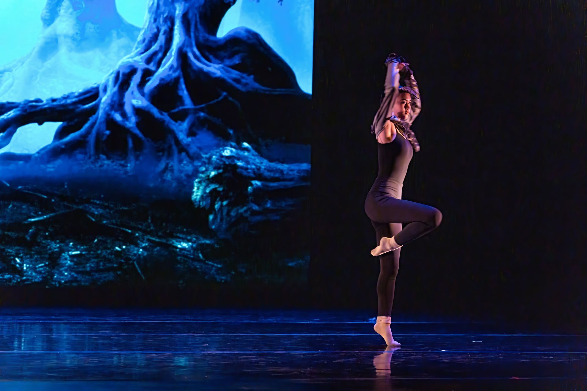 Contemporary dancer balancing on one leg under blue stage lighting, with a mountain backdrop projection