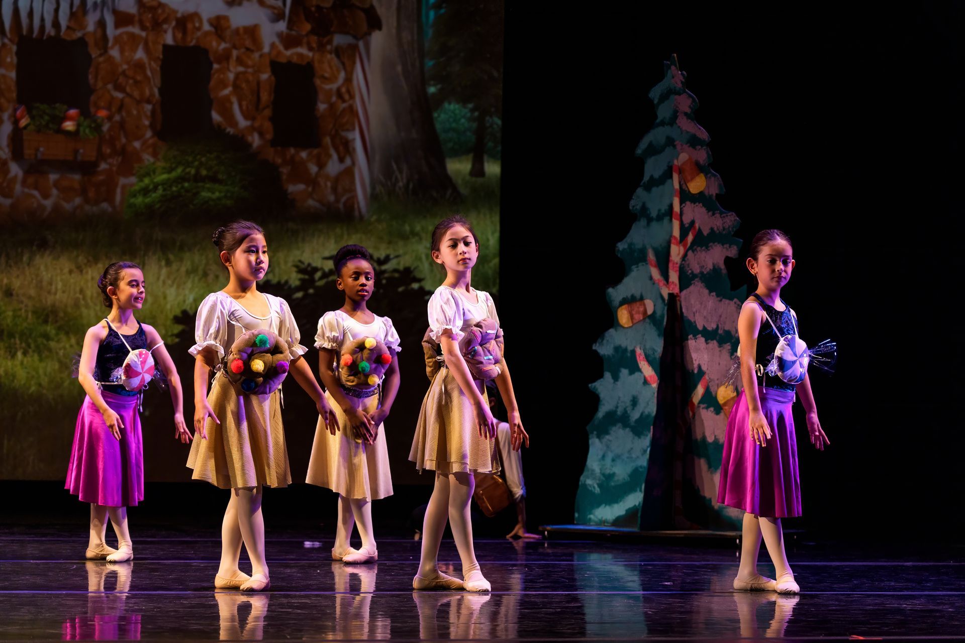 Five ballet dancers in colorful costumes perform on a theater stage with a painted forest backdrop.