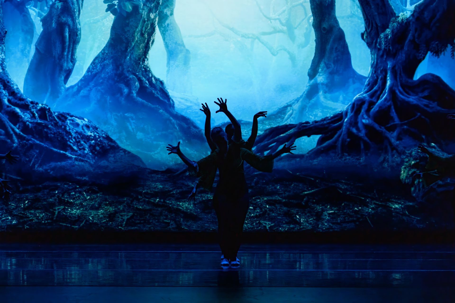 Silhouetted dancer beneath glowing blue trees in a mystical forest scene