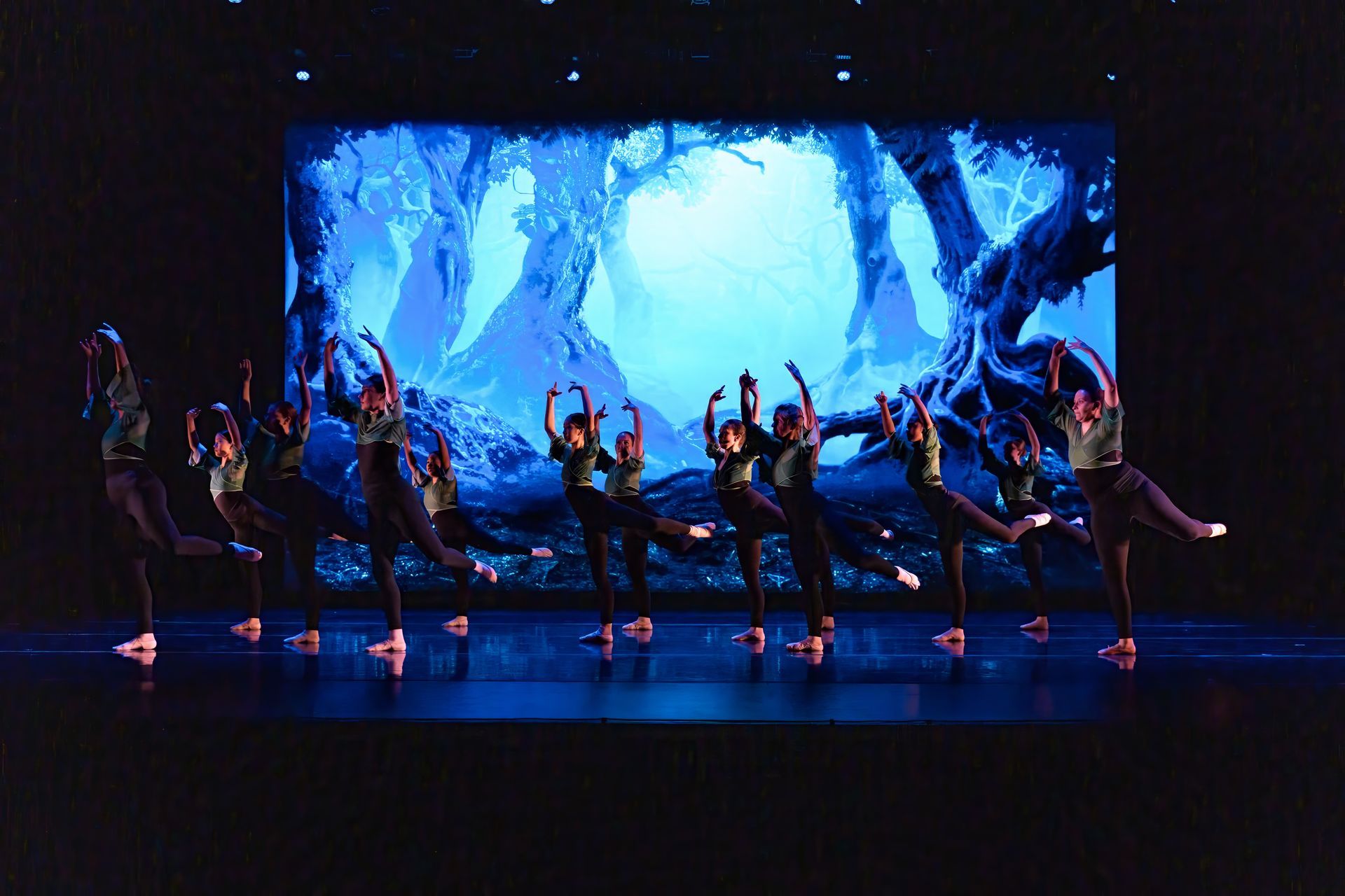 Dancers performing on a dark stage before a blue forest backdrop
