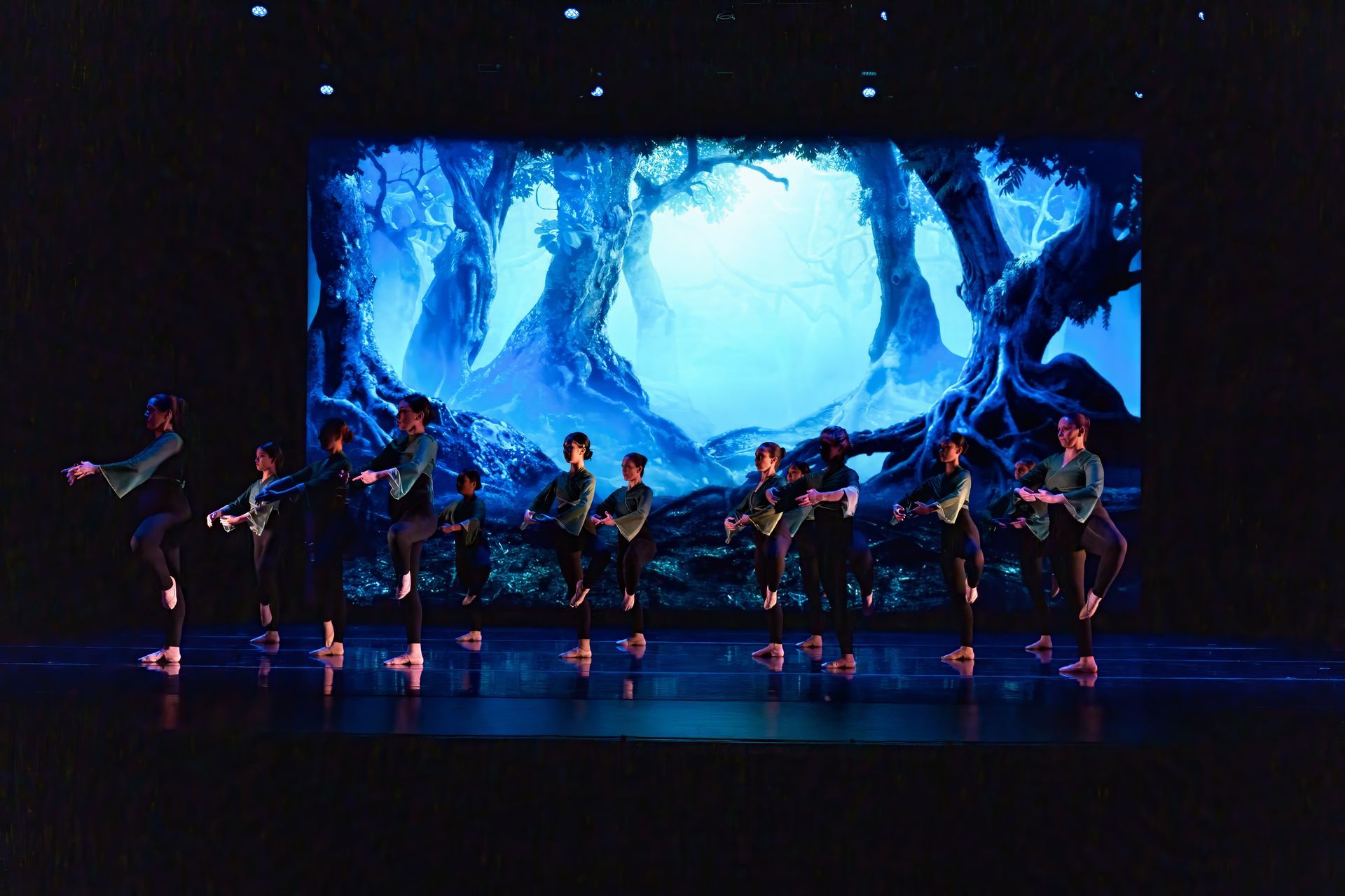 Dancers in colorful costumes perform onstage before a blue forest backdrop
