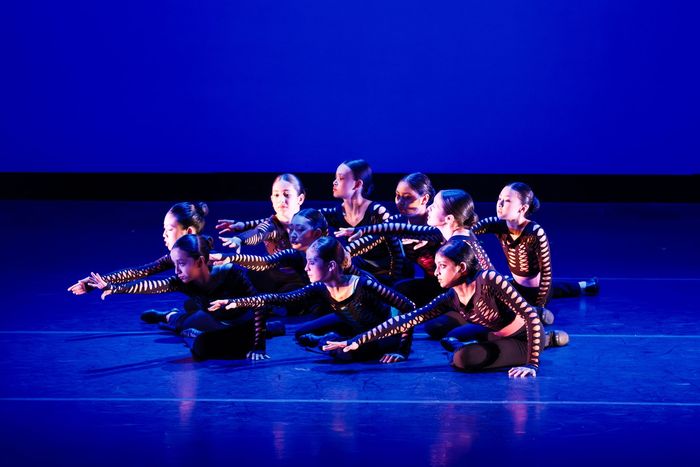 Group of dancers in black outfits posed on a blue-lit stage