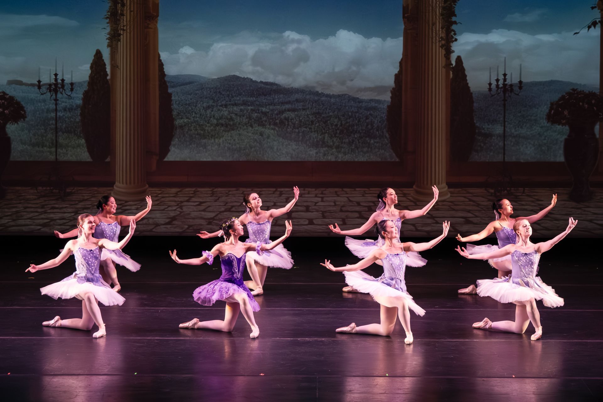 Ballet dancers in purple tutus perform in formation on a theater stage with a scenic backdrop