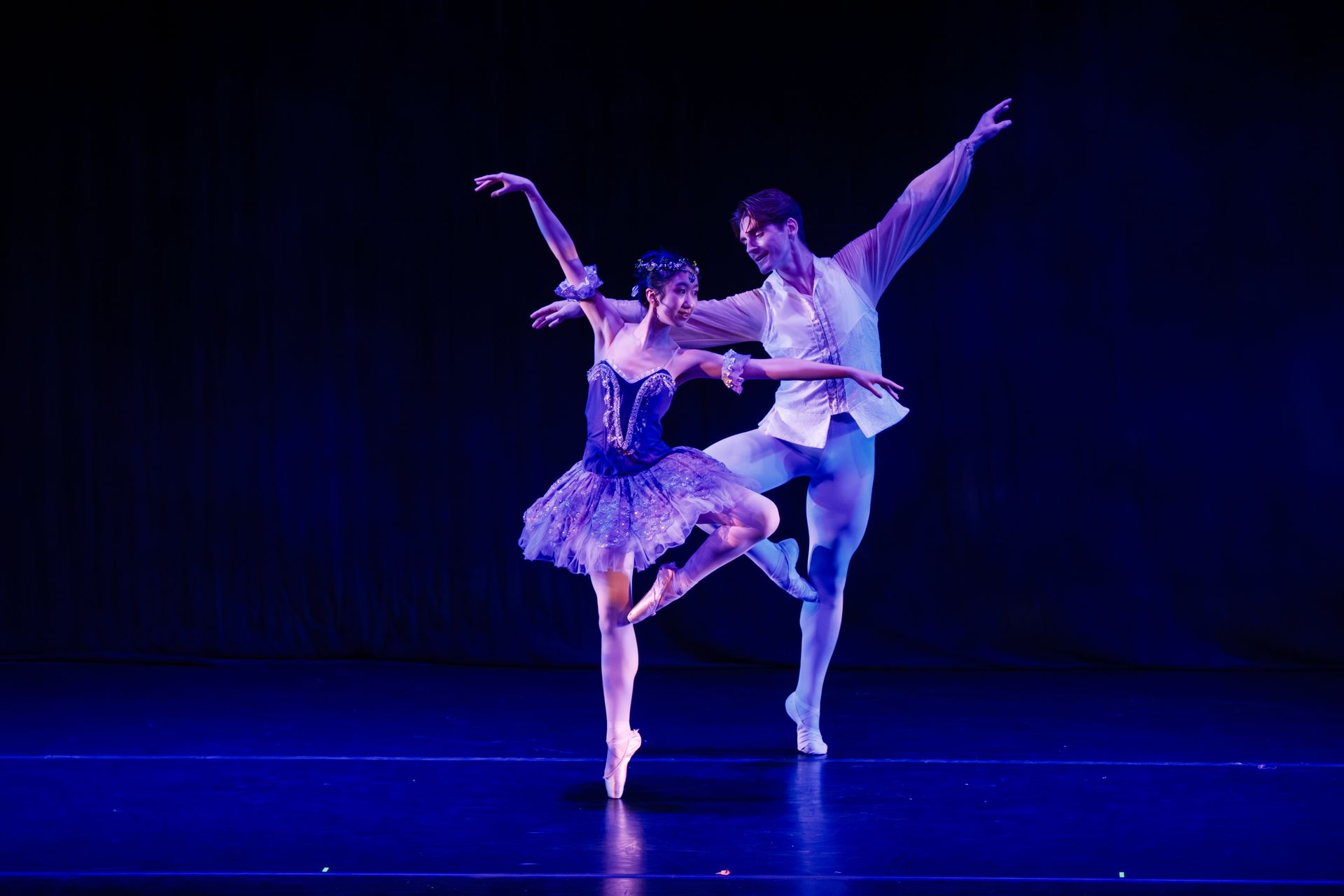Two ballet dancers in purple costumes pose mid-performance under stage lights on a dark stage.