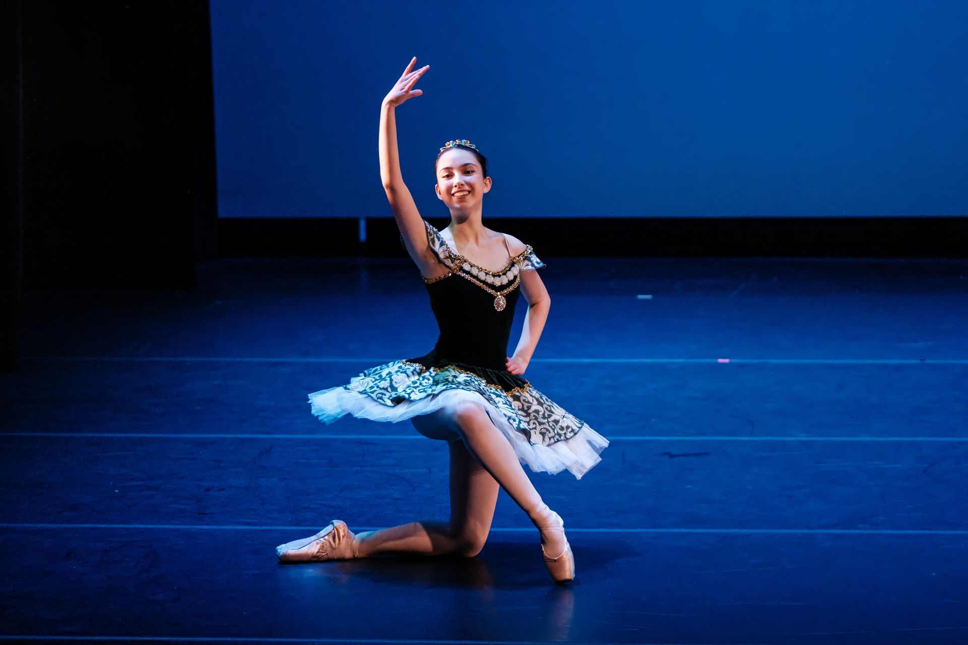 Ballet dancer in a blue tutu kneels center stage with one arm raised under blue lighting